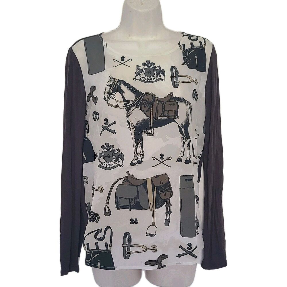 Weekend MaxMara equestrian patterned silk cotton knit shirt long sleeve sz 4